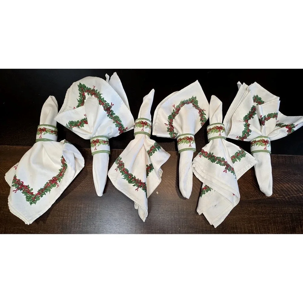 Christopher Radko Christmas Holiday Celebration Bow Holly Napkins Rings Set of 6